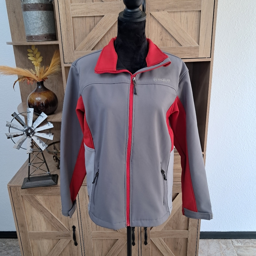 Magellan Boy's XL 16-18 Zip Up Jacket Fleece Lined Gray Red Zip Pockets Casual